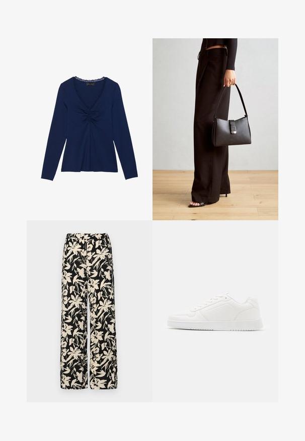 Laivastonsininen pitkähihainen paita, jossa on V-pääntie, pitsireuna ja rypistyksillä varustettu etuosa. Rentoa istuvuutta. Pehmeä ja sileä kangas.; Mustat leveälahkeiset housut, joissa on kermaisen värinen kukkakuosi. Valmistettu kevyestä kankaasta, jossa on sileä pinta ja korkea vyötärö.; Valkoinen tennari, joka on valmistettu sileästä synteettisestä materiaalista, pyöreällä kärjellä, nauhakiinnityksellä, tasaisella pohjalla ja hienovaraisella rei'ityksellä.; Musta käsilaukku, jossa on rakenteellinen muoto, sileä pinta ja metallinen solki. Yhdistetty leveisiin mustiin housuihin ja avonaiheisiin sandaaleihin puulattialla.