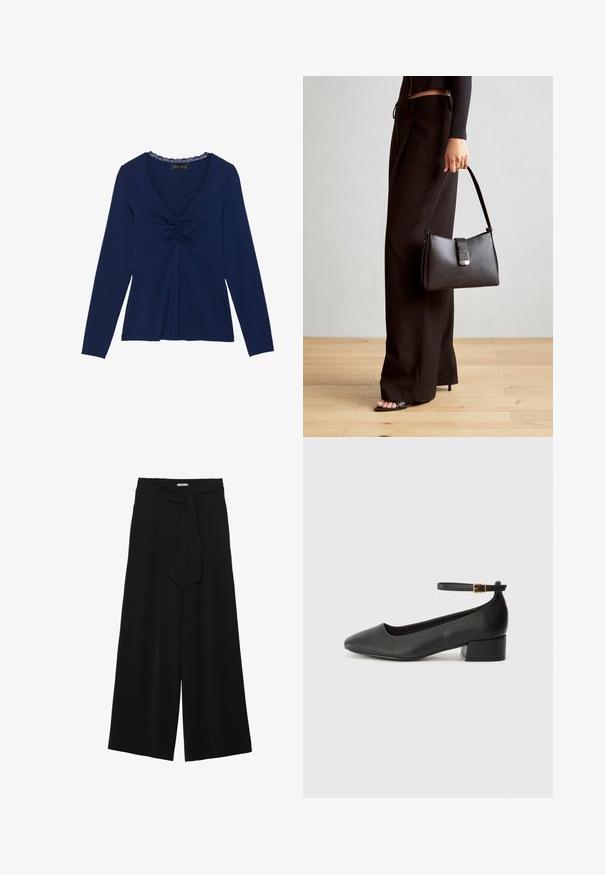 Mornarsko modra majica z dolgimi rokavi in V-izrezom, okrašena z čipkastim robom, z nabranim sprednjim detaljem in sproščenim krojem. Gladka, mehka tekstura blaga.; Črne široke hlače iz teksturirane tkanine, z elastičnim pasom in odstranljivim trakom na pasu za prilagodljivo prileganje.; Črne usnjene pumpice z nazobčanimi prsti in nizko blokasto peto. Imajo trak okoli gležnja z zaponko v zlatem tonu. Gladka tekstura.; Črna torbica z strukturirano obliko, gladko teksturo in kovinskim zaponko. Ujemajo se z širokimi črnimi hlačami in odprtimi sandali na lesenem tleh.
