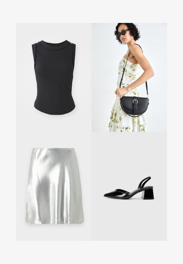 Top preto sem mangas com uma textura em ribetes, decote redondo e fendas laterais. Apresenta detalhes nos ombros e uma silhueta ajustada.; Mini saia metálica prateada com textura suave e ligeiro brilho. Apresenta um design evasé e uma bainha simples e limpa.; Sandy em verniz preto com salto slingback, ponta afilada e salto geométrico. Apresenta um design elegante e minimalista com textura suave.; Bolsa de couro preta com forma curva, alça destacável e detalhes em dourado. A bolsa possui uma aba com detalhe de fivela.