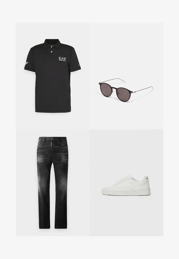 Musta poolopaita, joka on valmistettu sileästä kankaasta. Paidassa on kaksipainikeellinen kaulus, EA7-logo rinnassa ja ventiloitu muotoilu hihassa.; Mustat denimfarkut suoralla istuvuudella. Ominaisuuksiin kuuluu haalistuneita alueita, pieniä kulumia, klassinen viiden taskun malli sekä nappisulku.; Valkoinen nahkakenkä, jossa on sileä pinta, pyöreä kärki, tasaiset nauhat ja teksturoitu pohja. Sisältää huomaamattoman logon kantapäässä.; Musta pyöreä aurinkolasit tummilla linsseillä ja kapeilla metallikehyksillä. Sisältää kirkkaat temppelet ja hopeiset yksityiskohdat saranassa. Minimalistinen muotoilu.