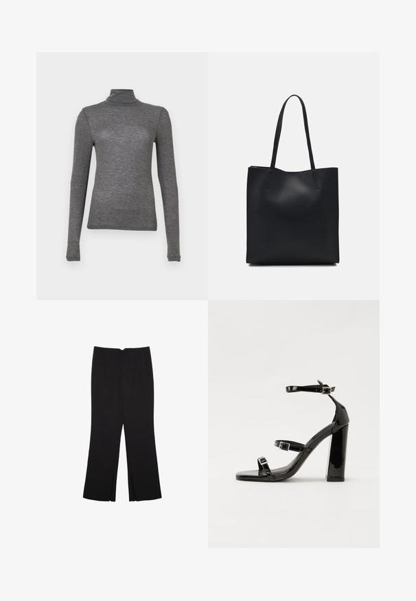 Šedý dlhý rukáv rolák vyrobený z jemného materiálu, s priliehavým strihom a minimálnym švom pre bezšvový vzhľad.; Čierne nohavice so strihom rovného strihu, s prednými vreckami a bočnými rozparkami na leme. Vyrobené z mäkkej, hladkej tkaniny. Vhodné na rôzne príležitosti.; Čierne lakované sandále na podpätku so štvorcovou špičkou, navlečenými remienkami okolo členku a striebornými prackami. Disponujú masívnym blokovým podpätkom pre stabilitu.; Čierna kožená taška na rameno s hladkým povrchom, obdĺžnikovým tvarom a dvoma dlhými uchami. Bez viditeľného kovania alebo ozdôb.