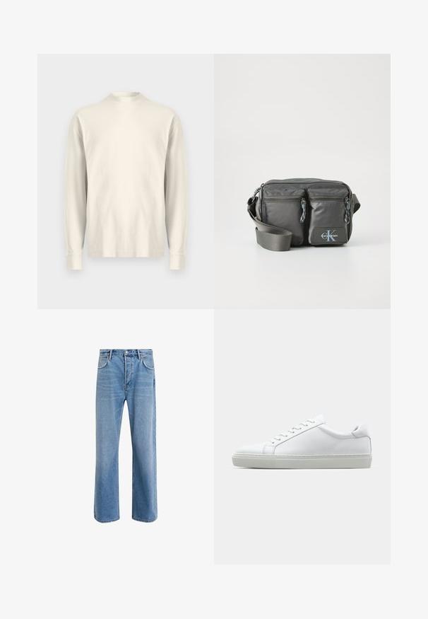 Μακρυμάνικη μπλούζα με μισό λαιμό σε ανοιχτό κρεμ βαμβάκι. Λείο υλικό, άνετη εφαρμογή, μινιμαλιστικός σχεδιασμός, χωρίς ορατά σχέδια ή διακοσμήσεις.; Ανοιχτό μπλε τζιν παντελόνι με ευθεία γραμμή, πέντε τσέπες, κλείσιμο με κουμπί, ελάχιστη φθορά και αντίθετες ραφές.; Λευκό αθλητικό παπούτσι με άνω μέρος από λείο δέρμα και χαμηλό προφίλ. Διαθέτει στρογγυλεμένη μύτη, έξι τρυπούλες και υφασμένη καουτσούκ σόλα.; Γκρι νάιλον τσάντα crossbody με δύο φερμουάρ μπροστινές τσέπες, ρυθμιζόμενο λουρί και λογότυπο. Λείος υφασμάτινος σχεδιασμός με μοντέρνα γραμμή.