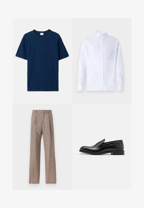 Tumši zila T-kreklu, kas izgatavots no mīkstas kokvilnas, ar apaļu kakla izgriezumu, īsām piedurknēm un mazu uzviesto logotipu apakšējā stūrī.; Balts garo piedurknēm krekliņš ar pogām, izgatavots no kokvilnas, ar krūšu kabatu ar tonālu izšuvumu, apkakli un pogām pie piedurknēm.; Brūni, augstos šortos izgatavoti no teksturēta auduma. Iezīmē plašas kājas un divas priekšējās krokas, kas nodrošina struktūru. Kārtīga apdare bez redzamām detaļām.; Melnas ādas kurpes ar gludu tekstūru, noapaļu purngalu un dekoratīvu siksniņu pāri priekšpusei. Zems sakrauts papēdis, minimālisma dizains.