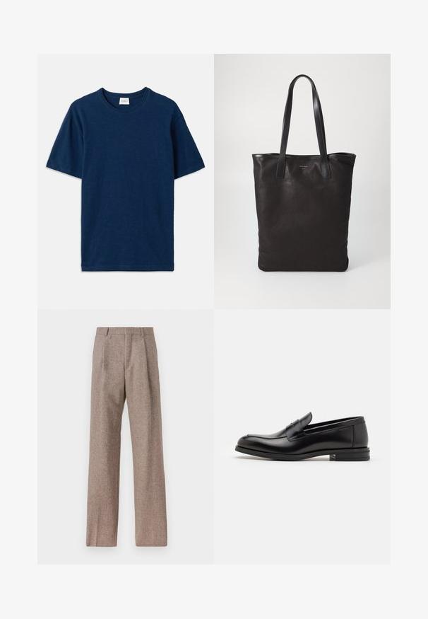 Sötétkék póló, puha pamuttal készült, kerek nyakkal, rövid ujjal és egy kis, dombornyomott logóval az alsó sarokban.; Barna, magas derekú nadrág texturált anyagból. Széles szárai és két elülső redője biztosítja a struktúrát. Ízléses kivitel, látható fémszerelés nélkül.; Fekete bőr loaferek sima textúrával, kerek orral és dekoratív pánttal a vampnál. Alacsony, rétegelt sarkú, minimalista dizájn.; Fekete vászontáska fekete bőr füllel. Egyszerű dizájn, tágas test és sima textúra. Nincsenek látható logók vagy minták.