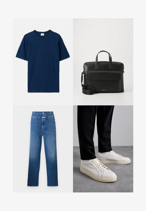 T-shirt azul-marinho feito de algodão macio, com decote redondo, mangas curtas e um pequeno detalhe de logótipo em relevo no canto inferior.; Jeans de ganga azul com corte reto, apresentando um fecho de botão, passantes para cinto e desbotamento suave nas coxas.; Tênis de couro bege claro com atacadores planos, uma superfície texturizada e uma sola de borracha creme contrastante, combinados com calças pretas ajustadas.; Malote em couro preto com duas alças superiores, um bolso frontal e uma alça destacável, apresentando uma marcação discreta na parte inferior.