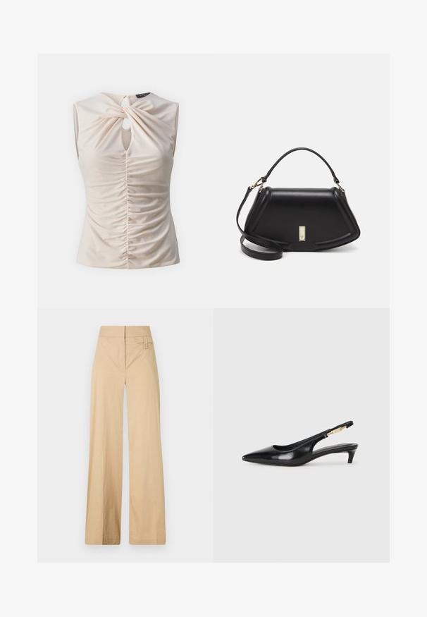 Kreemita värvi õlavarreta top koos võtmeaugu detailiga, keeratud esiosaga ja keha kohalt kogutud tekstuuriga, valmistatud siledast ja kergest Kangast.; Beige laiad sääred püksid, mis on valmistatud puuvilla segakangast. Omavad siledat tekstuuri, elastset vöökohta ja külgmist nööbiga detaili.; Mustad nahast slingback kontsad terava ninaga, millel on õhuke konts ja kuldse tooni aktsent reguleeritaval rihmal. Sile tekstuur.; Must mustrist käekott, millel on struktureeritud disain, lühendatud kuju, ülemine käepide ja kuldne metallist detail. Reguleeritav õlalihm on kaasas.