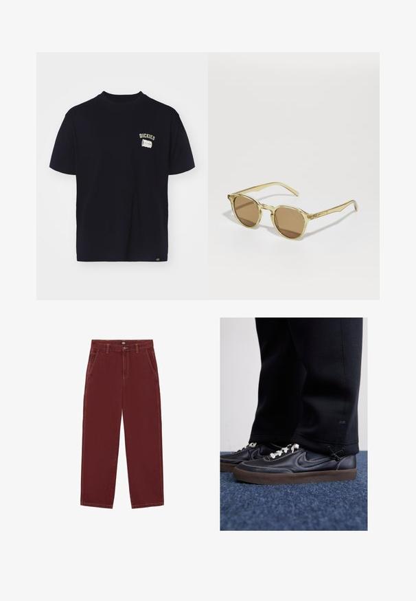 T-paita, jossa on lyhyet hihat tummansinisestä puuvillasta. Rintakuvaan on brodeerattu teksti "DICKIES 100% AITO".; Burgundin leveälahkeiset housut, joissa on korkea vyötärö, siisti viimeistely, viisi taskua ja näkyvä oranssi tikkaus. Valmistettu kestävästä denimmateriaalista.; Nike Sportswear KILLSHOT 2 LTR PRM OPP2 - Matalavartiset tennarit - black sail baroque brown mtlc dk grey; Aurinkolasit, joissa on pyöreät, läpinäkyvät keltaiset kehykset ja ruskeat linssit. Ominaisuuksiin kuuluvat ohuet, suorat varret, joissa on hienovaraista brändäystä.