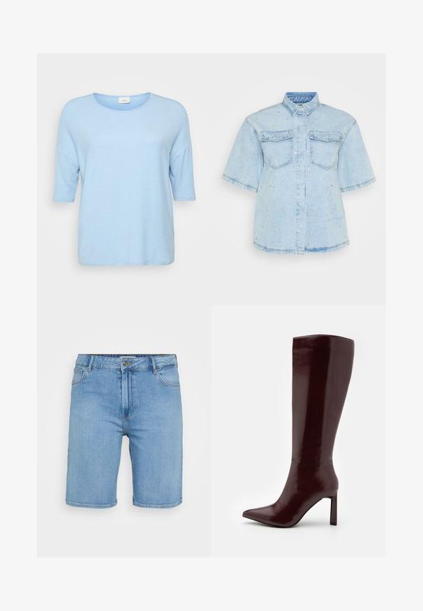 Lyseblå kortermet t-skjorte med rund hals, myk tekstur, løs passform og rett nederkant. Merket synlig nær kragen.; Lys blå denimskjorte med korte ermer, som har to frontlommer og er dekorert med små sølvnitter over hele.; Lys blå denimshortser med klassisk snitt, med knappelukking foran, beltehemper og to sidelommer. Glatt tekstur og rett kant.; Even&Odd Støvler - dark red