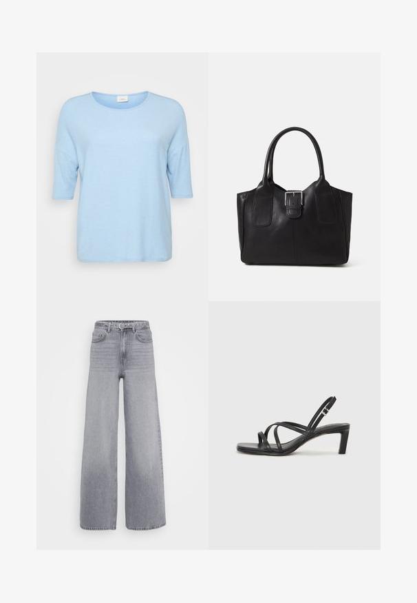 Gaiši zils īsām piedurknēm krekliņš ar apaļu kakla izgriezumu, maigu tekstūru, brīvu piegriezumu un taisnu apakšmalu. Uzlīme redzama blakus kaklam.; Platām kājām džinsi gaiši pelēkā denima, ar augstu jostasvietu, jostu caurumiem, priekšējām kabatām un neapstrādātu apakšmalu ar smalku vertikālu faktūru.; Melnas strappy sandales ar kvadrātveida purngaliem un zemu bloku papēdi. Ievērojamas ar vairākiem plāniem siksniņām un regulējamu potītes siksniņu. Izgatavotas no gludas ādas.; Melnas ādas somiņa ar gludu tekstūru, strukturētu formu, divām rokturām un izteiktu sudraba sprādzi priekšpusē.; Sudraba divu joslu gredzens ar gludu, pulētu virsmu. Iezīmējas ar plūstošu, izliekta dizaina struktūru ar pārklājošām sekcijām modernam izskatam.