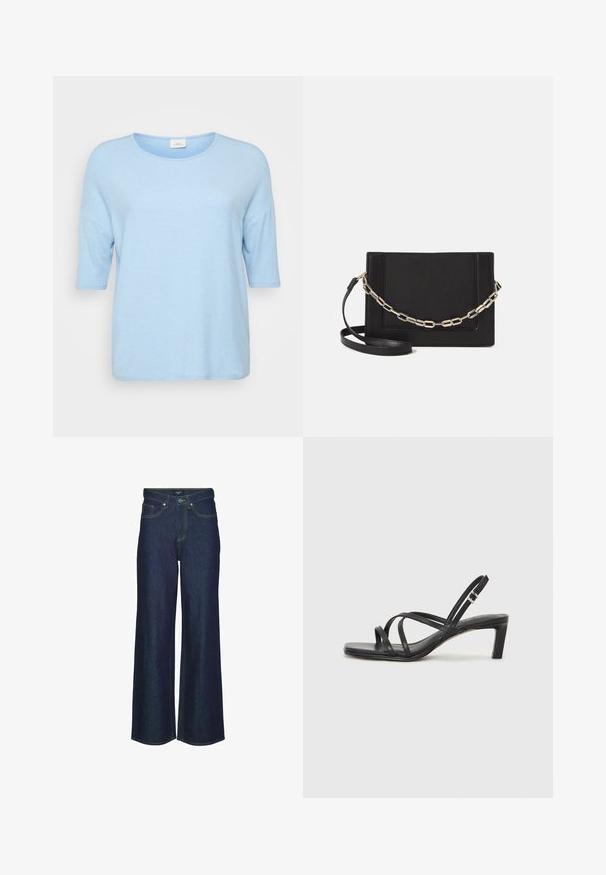 Svetlo modra majica s kratkimi rokavi, ki ima okroglo ovratnico, mehko teksturo, ohlapen kroj in raven rob. Oznaka vidna blizu ovratnika.; Temno modre široke jeans hlače z visokim pasom, ki vključujejo šive, zanke za pas in sprednje žepe. Gladka tekstura, klasična zasnova.; Črne natikače s trakovi in kvadratnim prstom ter nizkim blokastim peto. Imajo več tankih trakov in nastavljiv trak okoli gležnja. Narejene so iz gladkega usnja.; Črna usnjena torba čez ramo z gladko teksturo, pravokotno obliko in kovinskim verižnim detajlom spredaj. Vključena je nastavljiva naramnica.