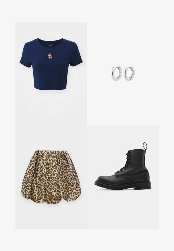 GAP TEE - Majica kratkih rukava s printom - navy uniform; Sister Jane LOLA SKIRT - Suknja A kroja - tan; Crne kožne vojničke čizme s okruglim vrhom, vezicama sprijeda i petljom na gležnju. Imaju gusti gumeni potplat za izdržljivost.; Srebrne kružne naušnice s poliranim završetkom, koje imaju kružni dizajn i bešavne šarke, prikazujući glatku teksturu.