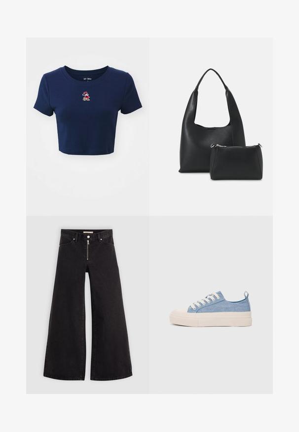 GAP TEE - Marškinėliai su spaudiniu - navy uniform; Plačios kojų džinsai iš juodo džinsinio audinio su užtrauktuku priekyje, penkių kišenių dizainu ir subtiliais siuvinėjimo akcentais. Lygus paviršius ir laisvalaikio stilius.; Šviesiai mėlyni drobės sportbačiai su kreminiu guminiu pirštų apsaugos ir pado elementu, balti raišteliai ir kilpa ant kulno.; Even&Odd Rankinė - black