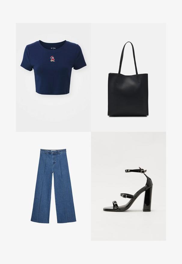 GAP - T-shirt z nadrukiem; Jeans typu wide-leg w średnim niebieskim kolorze, z wysokim stanem, zapięciem na guziki oraz kontrastowymi szwami pionowymi z przodu.; Czarne lakierowane sandały na obcasie z kwadratowym noskiem, z paskami wokół kostki i srebrnymi klamrami. Posiadają masywny słupek dla stabilności.; Czarna skórzana torba tote o gładkiej fakturze, prostokątnym kształcie i dwóch długich uchwytach. Brak widocznych elementów metalowych i ozdób.