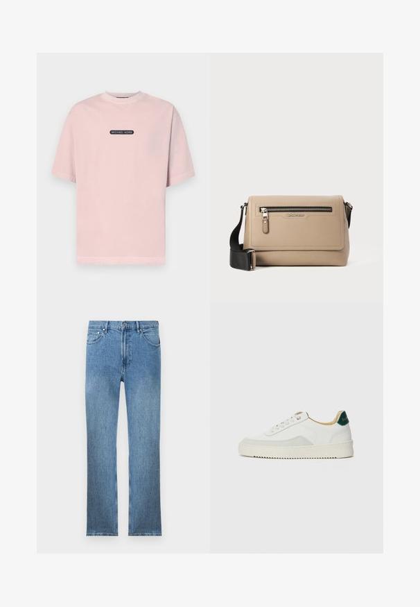 Šviesiai rožinė medvilninė marškinėlių su apvaliu iškirpimu ir trumpomis rankovėmis, su juodu stačiakampiu logotipu, kuriame parašyta "MICHAEL KORS", esančiu ant krūtinės.; Šviesiai mėlyni džinsai su tiesiu pjūviu, penkiais kišenėmis, užtrauktuku ir kontrastinga siūle. Audinys turi lygų, tekstūrinį paviršių.; Baltos sportbačiai su zomšos akcentais, apvaliu nosiu, plokščiais raišteliais ir kreminės spalvos guminiu padu. Ant kulno yra žalia ženklinimo detalė.; Smėlio spalvos odinė petį nešama rankinė su tekstūruotu paviršiumi, su priekiniais užtrauktuko kišenėmis ir juoda reguliuojama juosta. Logotipas rodomas priekyje.