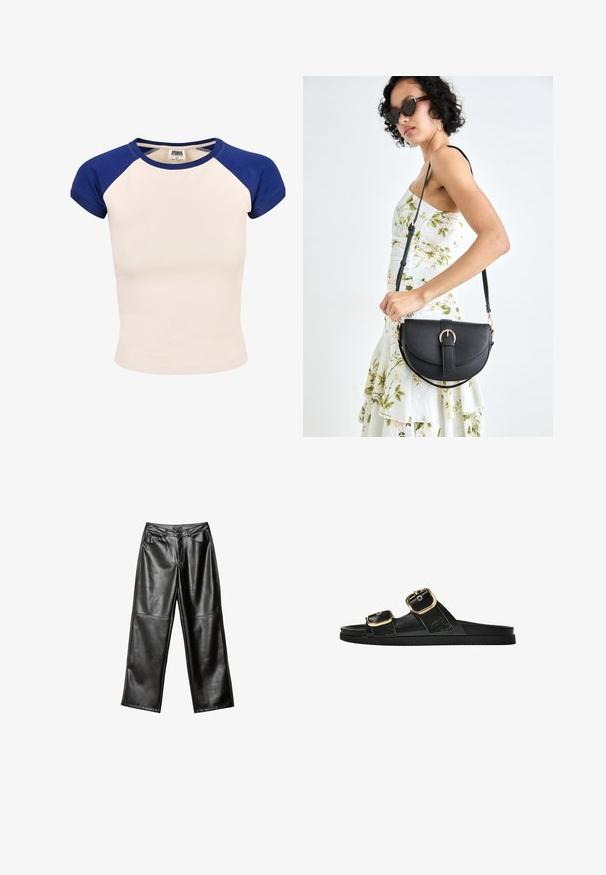 Pamuk majica s kremastim tijelom i plavim raglan rukavima. Kratki rukavi i okrugli izrez. Oznaka vidljiva unutar ovratnika.; Crne kožne hlače širokog kroja sa glatkom teksturom, dizajnom s pet džepova i šivenim detaljima duž nogu i struka.; Crne sandale na klizanje s dva zlatna akcenta u obliku kopči, glatkog teksturiranog materijala, ravnim potplatom i minimalističkim dizajnom.; Crna kožna torba s lukovitim oblikom, odvojivim remenom i zlatnim detaljima. Torba ima preklop s kopčom.