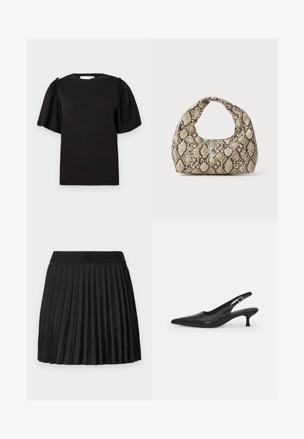 Juodas trumpų rankovių marškinėliai su apvalia iškirpte, subanguotu detalizavimu ant pečių ir lygia medvilnine apdaila. Paprastas, klasikinis dizainas.; Juoda klostuota sijonas su glotnia tekstūra, turintis tvirtą juodą juosmenį ir iškilnų logotipo detalę priekyje.; Juodos odinės slingback bateliai su smailiu nosiu ir plonu, lenktu kulnu. Yra diskretiška reguliuojama juostelė su metaliniu sagtimi.; Gyvatės rašto rankinė su kreiviu rankenėle. Pagaminta iš tekstūruotų smėlio ir rudos spalvos medžiagų, su išskirtiniu rombo raštu.