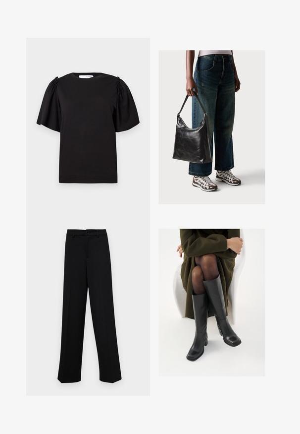 Fekete, rövid ujjú póló, kerek nyakkivágással, ráncolt részletekkel a vállaknál, sima pamut felülettel. Egyszerű, klasszikus dizájn.; Fekete, széles szárú nadrág sima anyagból, klasszikus derékrésszel, gombzárral és elülső redőkkel.; Térdfelett érő fekete bőr csizmák négyzet alakú orral és tömbtalppal, olajzöld kabátban ülő modellel bemutatva. Simaság, minimalista részletezés.; Fekete bőr válltáska sima textúrával és állítható pánttal, melyet elnyűtt, bő szárú farmernadrággal és sportcipőkkel párosítottak.