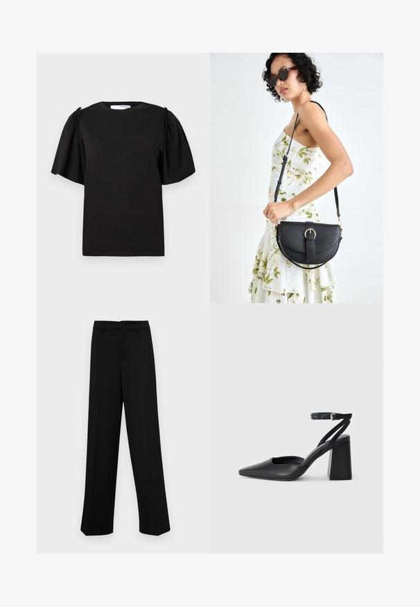 Tricou negru cu mânecă scurtă, de tip crew neck, cu detalii adunate pe umeri și un finisaj neted din bumbac. Design simplu și clasic.; Pantaloni negri cu croi larg, dintr-un material neted, având un talie clasică cu închidere prin buton și plisuri frontale.; Pantofii cu toc ascuțit din piele neagră, cu breteaua pentru glezne și toc gros. Textură netedă, design elegant și estetică minimală.; Geantă din piele neagră, cu o formă curbată, curea detașabilă și accesorii aurii. Geanta are un capac cu un detaliu tip cataramă.