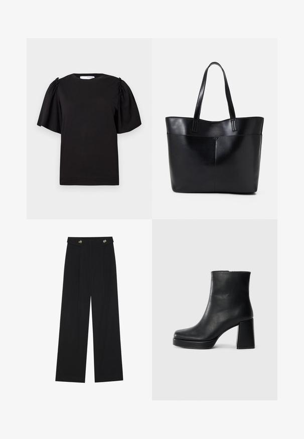 Czarna koszulka krótki rękaw z okrągłym dekoltem, z marszczonymi detalami na ramionach i gładkim bawełnianym wykończeniem. Prosty, klasyczny design.; Czarne szerokie spodnie z wysokim stanem, z detalami w postaci guzików na pasku oraz plisami z przodu.; Czarne skórzane botki za kostkę z blokowym obcasem i platformą, widok z boku na białym tle.; Czarna skórzana torba na ramię z dwoma długimi uchwytami, gładką teksturą i sztywną formą. Posiada przednią kieszeń dla dodatkowego przechowywania.