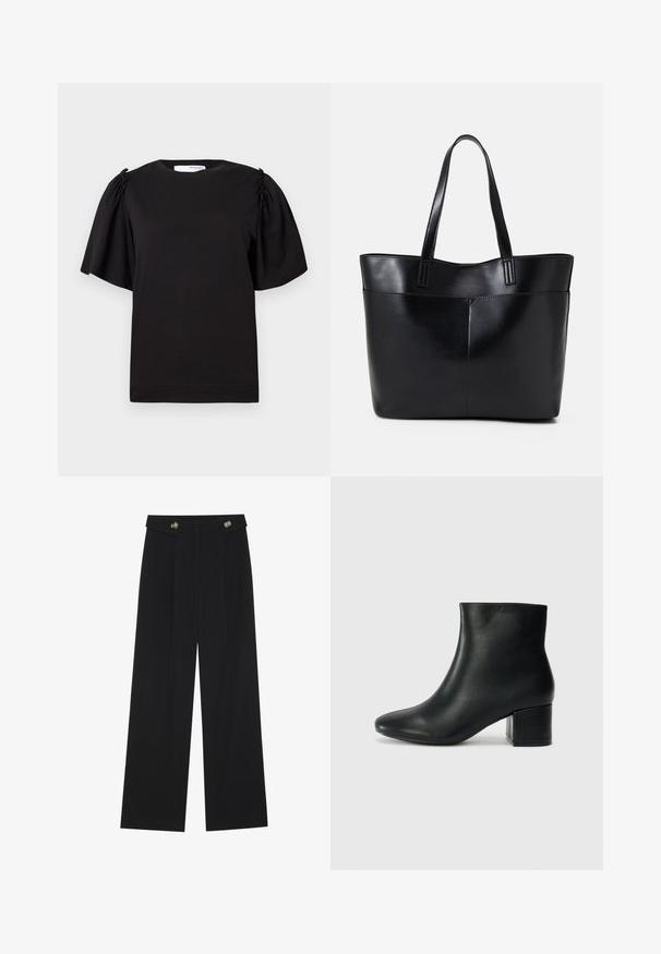 Sort kortærmet t-shirt med rund hals, samlede detaljer på skuldrene og en glat bomuldsfinish. Simpelt, klassisk design.; Sorte vide bukser med høj talje, knapdetaljer på taljebåndet og frontfald.; Sorte læder ankelstøvler med spids tå og en kraftig hæl. Glat tekstur med minimale detaljer og et slankt, tætsiddende design.; Sort læder tote taske med to lange håndtag, en glat tekstur og en struktureret form. Har en forlommem for ekstra opbevaring.