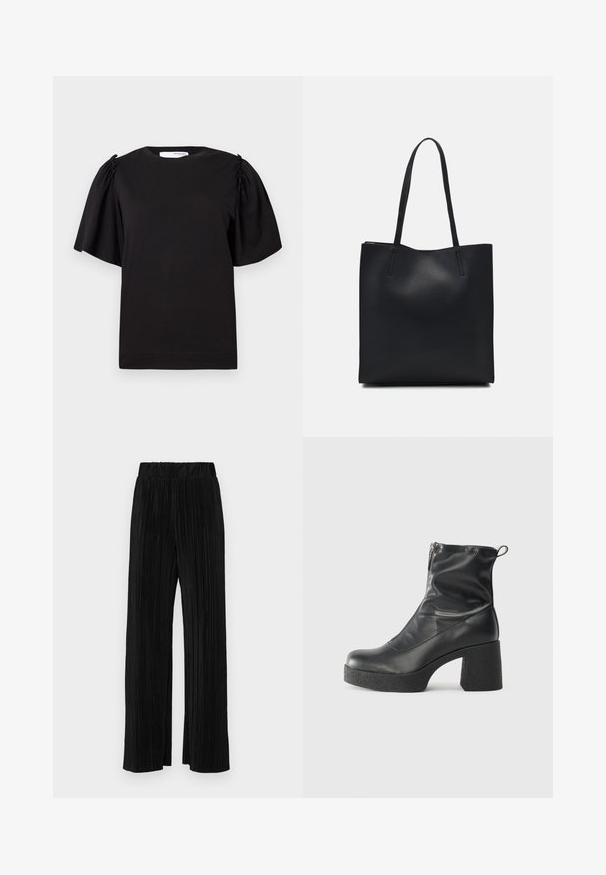 Schwarzes T-Shirt mit kurzen Ärmeln und Rundhalsausschnitt, gerafften Details an den Schultern und einer glatten Baumwolloberfläche. Schlichtes, klassisches Design.; Schwarze plissierte Hose mit elastischem Bund. Verfügt über weite Hosenbeine und einen glatten, strukturierten Stoff mit vertikalen Streifen.; Schwarze Stiefeletten aus glattem Leder mit seitlichem Reißverschluss, klobigem strukturiertem Absatz und runder Zehenform.; Schwarze Laptoptasche aus Leder mit glatter Textur, rechteckiger Form und zwei langen Griffen. Keine sichtbaren Beschläge oder Verzierungen.
