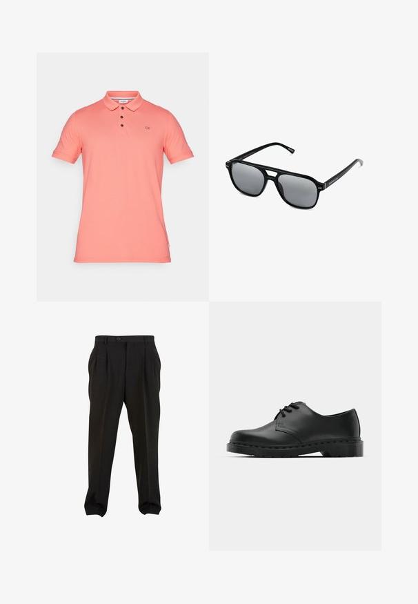 Koszulka polo w kolorze koralowym, wykonana z bawełny, z klasycznym kołnierzykiem, trzema guzikami oraz haftowanym logo CK na piersi. Krótkie rękawy.; Czarne spodnie z gładkiego materiału, z kieszeniami z przodu, zapinane na guzik w pasie i zwężanymi mankietami przy kostkach. Klasyczny sylwetka w stylu szytym na miarę.; Czarne skórzane półbuty oxford z zapięciem na sznurowadła, zaokrąglonym noskiem, płaską gumową podeszwą oraz subtelnym przeszyciem na cholewce.; Czarne okulary przeciwsłoneczne z prostokątnymi oprawkami, szarymi soczewkami i wycięciem w mostku. Gładki, błyszczący materiał plastikowy, z wąskimi zausznikami.