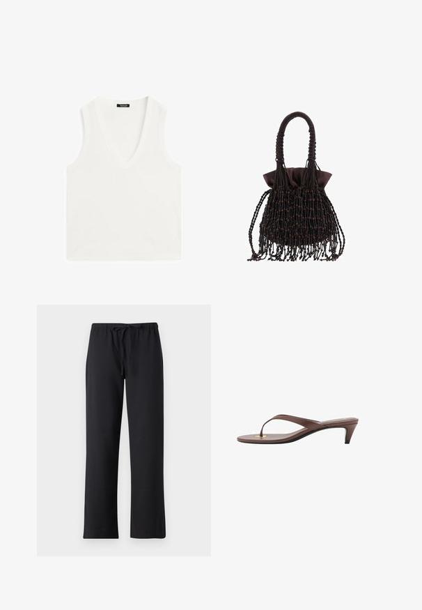 Witte mouwloze top met een diepe V-hals, gemaakt van een zachte, gladde stof. Rechte zoom en minimale details overal.; Zwarte broek van zacht materiaal, met een trekkoord in de taille en een rechte pijp. Geen zichtbare patronen of hardware.; Bruine hakken flip-flop sandaal met een slanke band en ronde teenpost, met een kleine gouden accent op de voetbed.; Bruine geweven handtas met een gevlochten handvat, featuring een verzamelde bovenkant en franjes met kralenversieringen. Textuur met variërende kralengroottes.