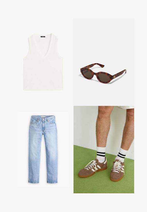 White sleeveless top with a deep V-neckline, made from a soft, smooth fabric. Straight hem and minimal detailing throughout.; Light blue denim jeans with a straight-leg design, five pockets, and a mid-rise waist. Features a faded texture and stitched hem.; Brown suede sneakers with white accents and laces. Rubber gum sole. Worn with white socks featuring black stripes. Green textured flooring.; Tortoiseshell sunglasses with rounded frames, dark lenses, and gold logo detailing on the temples. Smooth plastic material, no visible patterns.