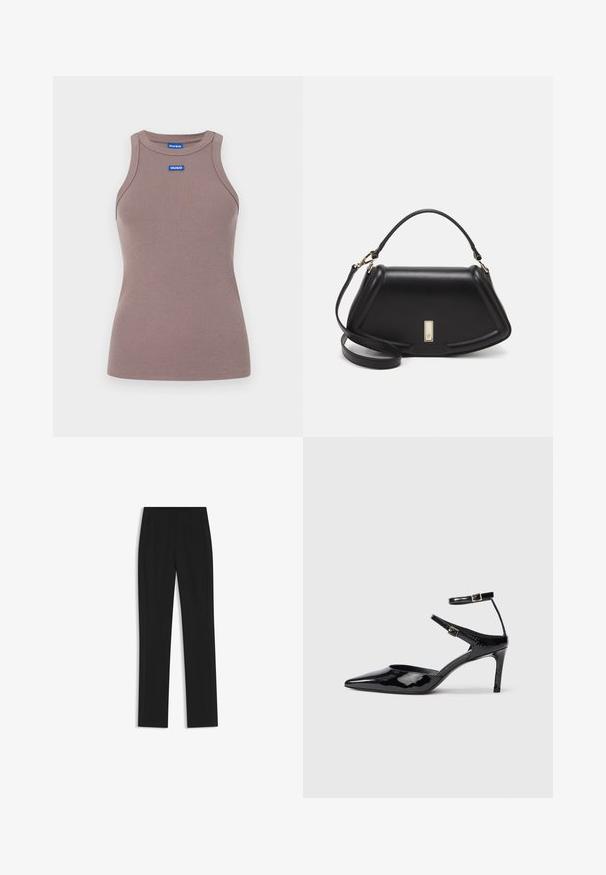 Brauner Rippentop mit Rundhalsausschnitt, ärmellosem Design und kleinem blauen Logoetikett auf der Vorderseite. Glatte Textur, taillierte Form.; Schwarze maßgeschneiderte Hose mit geradem Bein, ausgestattet mit Fronttaschen und einem glatten, strukturierten Stoff. Saubere, minimale Details.; Schwarze Lacklederabsätze mit spitzer Zehenpartie, verstellbaren Knöchelriemen und einem schlanken Absatz. Glatte Textur mit glänzender Oberfläche.; Schwarze Lederhandtasche mit einem strukturierten Design, das eine verkürzte Form, einen oberen Griff und goldfarbene Hardware-Details aufweist. Verstellbarer Schulterriemen ist enthalten.