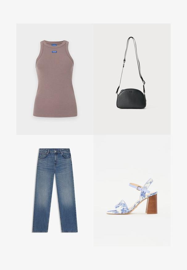 Rjav rebrast brezrokavnik s okroglim izrezom, brez rokavov in majhnim modrim logotipom na sprednji strani. Gladka tekstura, prilegajoča oblika.; Svetlo modre kavbojke z ravnim krojem, petimi žepi in rahlo zbledelostjo. Imajo standardni pas in kontrastne šive.; Modra sandal z cvetličnim vzorcem, s kvadratnim nosom, širokim trakom in nastavljivim gležnjevim trakom, ki ima teksturiran lesen blokast pet.; Črna usnjena torbica za čez ramo zaokrožene oblike, z dvema prilagodljivima naramnicama in diskretnim logotipom na sprednji strani. Teksturirana zunanjost, minimalističen dizajn.