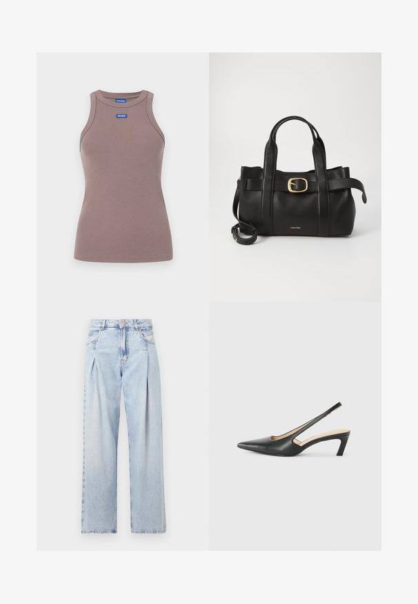 Brun ribbet singlet med rund hals, ermeles design og en liten blå logoetikett på forsiden. Glatt tekstur, tettsittende fasong.; Lyseblå denimjeans med høy livlinje, vide ben, to sidelommer og plisserte detaljer. Myk tekstur med en falmet finish.; Svart spiss tå slingback-sko med lav hæl, laget av jevnt skinnmateriale og med utskåret design på siden for pusteevne.; Svart lærveske med en strukturert design, doble topphåndtak, gullfarget spenneakent og preget merke-logo foran.