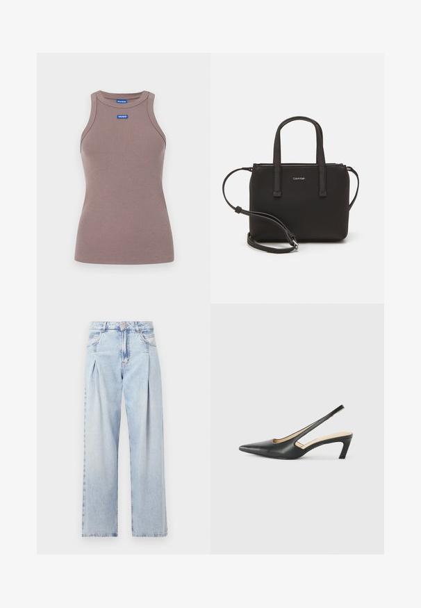 Hnědý žebrovaný krajkový top s kulatým výstřihem, bez rukávů a malou modrou nášivkou na přední straně. Hladký povrch, přiléhavý tvar.; Světlé modré džíny z denimu s vysokým pasem, širokým střihem, dvěma bočními kapsami a nařaseným designem. Měkká textura s vybledlým povrchem.; Černý špičatý slingback s nízkým podpatkem, vyrobený z hladké kůže, s výřezem na boku pro lepší prodyšnost.; Černá kabelka s dvojitými krátkými uchy a odnímatelným ramenním popruhem. Hladký koženkový materiál s uzávěrem na zip a detailem loga.