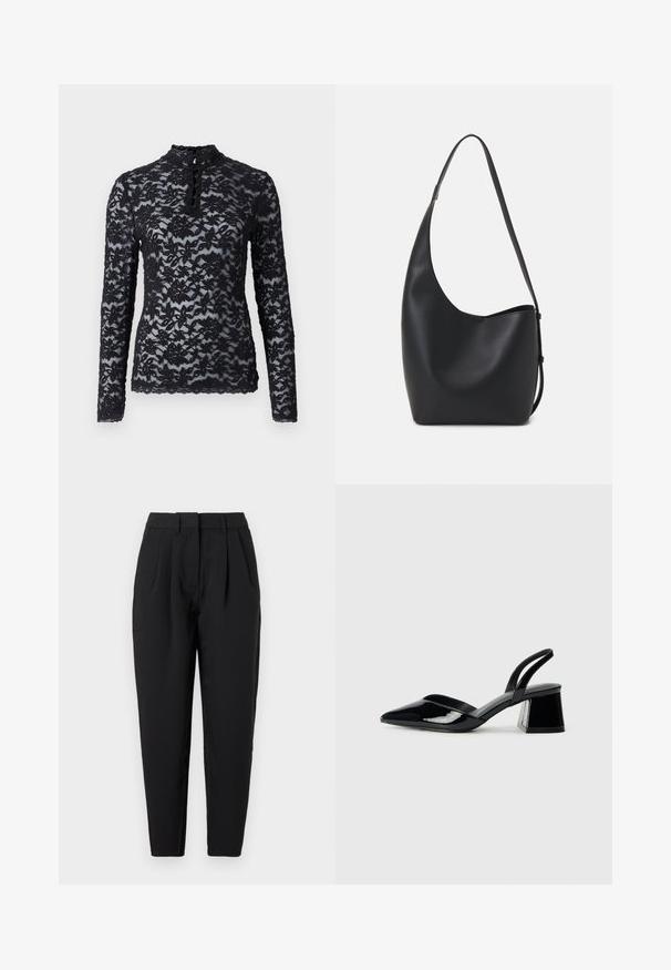 Rosemunde Topper langermet - black; Sorte bukser med rett passform, med legg foran, en jevn tekstur og sidelommer. Livet er av standard høyde.; Svarte patentlær slingback hæler med spiss tå og geometrisk blokk hæl. Har et stilrent, minimalistisk design og jevn tekstur.; Svart lær hobo-veske med glatt tekstur, buet form og enkelt justerbart stropp; har en bred åpning på toppen.