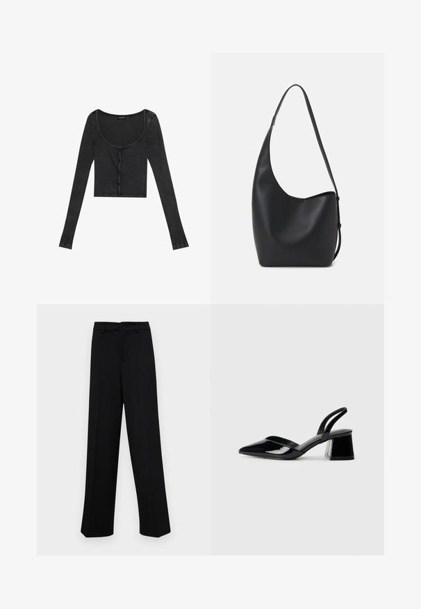 Fekete bordázott, hosszú ujjú, rövidített felső, kerek nyakkivágással, elől gombos záródással és texturált anyaggal. Finom függőleges csíkokkal rendelkezik.; Fekete, széles szárú nadrág sima anyagból, klasszikus derékrésszel, gombzárral és elülső redőkkel.; Fekete lakk bőr szandálkés magas sarkú cipő, hegyes orral és geometrikus tömbsarkakkal. Karcsú, minimalista dizájn és sima textúra jellemzi.; Fekete bőr hobo táska sima textúrával, ívelt formával és egyetlen állítható pánttal; széles nyílás található a tetején.