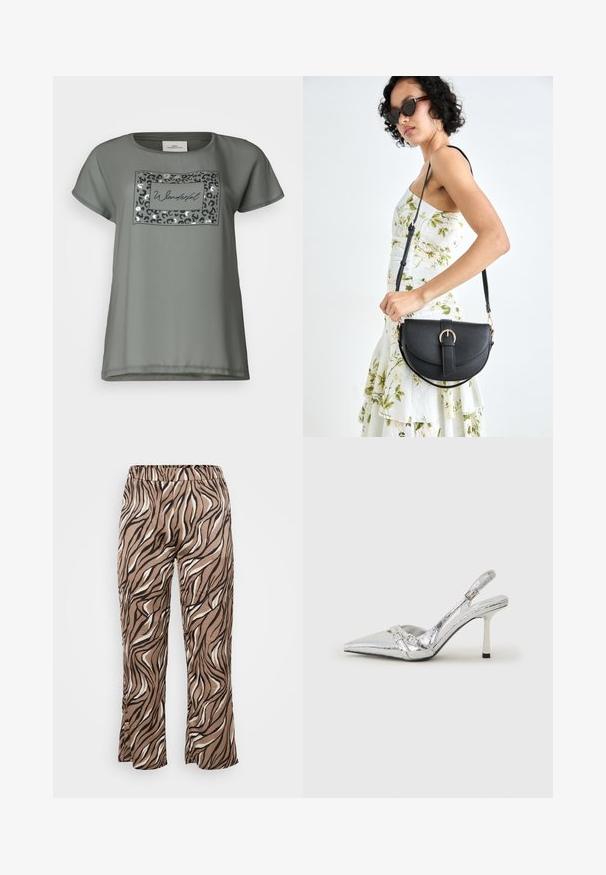 ONLY Carmakoma CARKETTY LIFE MIX TEE - Apdrukāts T-krekls - deep lichen green; Brūni un krēmbalti zebra raksta bikses ar elastīgu jostasvietu, kas izceļas ar platu kāju dizainu un gludu auduma tekstūru.; Sudraba slingback augstpapēžu kurpe ar norādītu purngalu, metālisku apdari, diviem dekoratīviem siksniņām un plānu papēdi ar melnu galu.; Melnas ādas rokassoma ar izliekta formu, noņemamu siksnu un zelta aksesuāriem. Somai ir vāciņš ar sprādzes detaļu.
