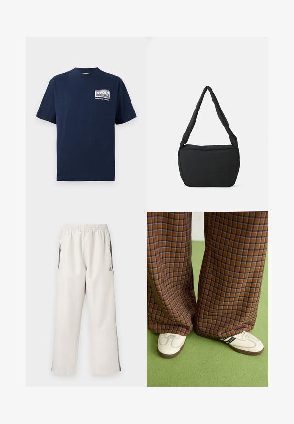 Mornarska bombažna majica s krožnim ovratnikom. Spredaj je bel grafični motiv s tekstom "Giochi Invernali" v pravokotnem designu. Kratke rokave.; Svetlo bež trenirke z elastičnim pasom, stranskimi žepi, črnimi stranskimi črtami in logotipom Adidas na levi stegni. Gladka tekstura tkanine.; Rjave in modre kariraste hlače širokih nogavic, v kombinaciji z belimi čevlji, ki imajo črne poudarke in teksturirane podplate, na zeleni podlagi.; Črna torba čez ramo z oblazinjenim teksturo, zaobljeno obliko in širok pas, z embosiranim logotipom na sprednji strani.