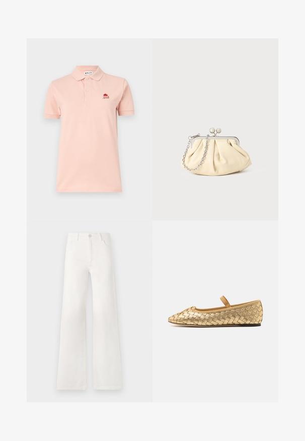 Bally Polotričko - dusty petal; Bílé džíny s vysokým pasem a širokými nohavicemi vyrobené z denimové látky. Mají zapínání na knoflík, dvě přední kapsy a boční švy se švy.; Loeffler Randall LEONIE SOFT BALLET FLAT - Baleríny s páskem - gold; Plisovaná béžová kožená kabelka na psaní s rámem ze stříbrného kovu, vybavená dvěma kulatými dekorativními uzávěry a stříbrným řetízkem.