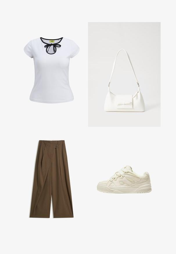 Fehér, rövid ujjú póló fekete szegéllyel a nyakrészen és egy középen elhelyezett masni díszítéssel. Simára szőtt pamut anyagból készült.; Barna, széles lábú nadrág vékony fehér csíkokkal, magas derékkal, elől gombos záródással és átkötős stílusú panellel.; Beige sportcipők texturált felsőrészsel, kiemelkedő fűzőkkel, hálós panelek felfogott felsőrészen és vastag talppal. Ívelt dizájn párnázott bokarésszel a kényelem érdekében.; Fehér szintetikus kézitáska, háromszög alakú, lapos előlap, masni részlettel, állítható pánttal, sima textúrával és minimalista dizájnnal.