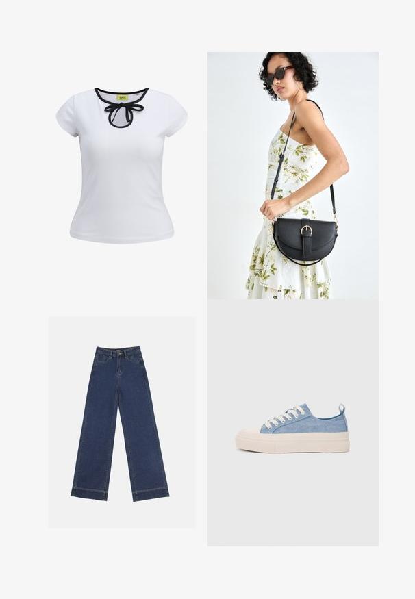 White short-sleeve t-shirt with a black trim around the neckline and a bow detail at the center. Made of smooth cotton fabric.; Wide-leg jeans in dark blue denim. Features five pockets, belt loops, and a raw hem at the bottom with visible stitching details.; Light blue canvas sneakers with a cream rubber toe cap and outsole, featuring white laces and a pull tab on the heel.; Black leather handbag with a curved shape, detachable strap, and gold hardware. The bag features a flap with a buckle detail.