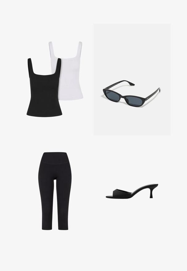 Sada dvou topů bez rukávů v černé a bílé barvě. Má čtvercový výstřih, silné ramínka a přiléhavý střih. Vyrobeno z žebrované tkaniny.; Černé legíny tříčtvrteční délky vyrobené z elastického materiálu, s vysokým pasem a bez viditelných vzorů či kovových prvků.; Černé lodičky na vysokém podpatku s širokým, otevřeným špičkou a zakřiveným svrškem. Vyrobené z texturované látky, mají štíhlý podpatek a hladkou podrážku.; Černé sluneční brýle typu cat-eye s tmavými skly, plastovým rámem, úzkými nohami a jemným brandingem na vnitřní straně ramene. Matte povrchová textura.