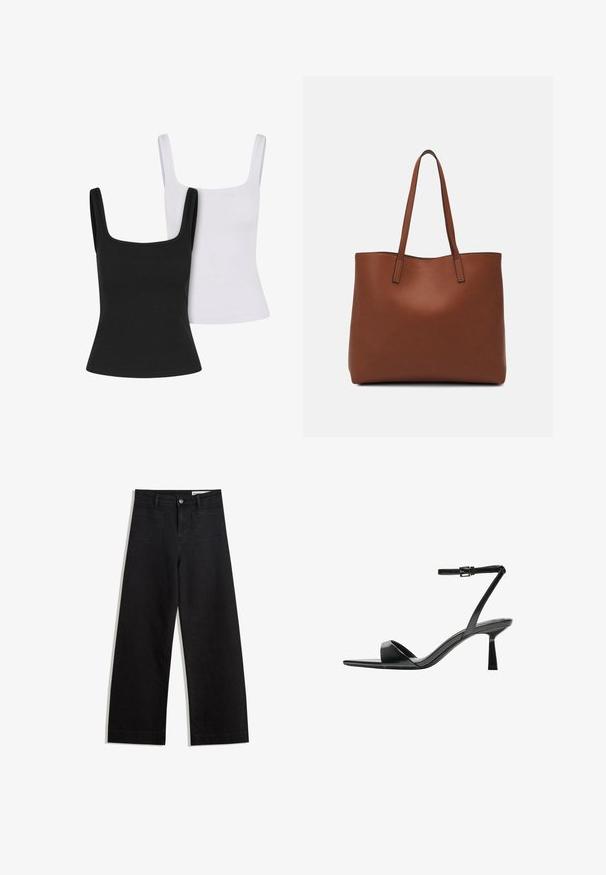 Két darabos tank top szett fekete és fehér színben. Négyzet alakú dekoltázzsal, vastag pántokkal és testhez simuló fazonnal rendelkezik. Ribbed anyagból készült.; Fekete, bő szabású farmernadrág magas derékkal, elülső és hátsó zsebekkel, varrott felületekkel és gombos záródással. Sima textúra.; Bershka Magas sarkú szandálok - black; Barna bőr vászontáska sima textúrával, nyitott tetejű dizájnnal és két vállpánttal. Minimális varrással és látható hardver nélkül készült.