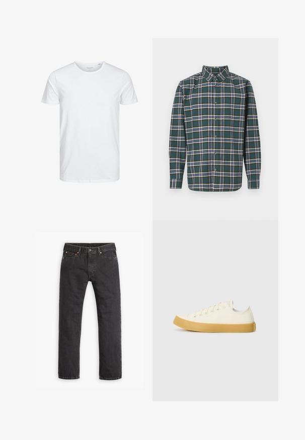 Rundhals kortermet t-skjorte i helhvitt, laget av myk bomull, har et enkelt design uten synlige mønstre eller accenter.; Grønn flanellskjorte med rutete mønster som har blå, hvite og sennepsgule linjer. Knapper foran og spiss krage. Lange ermer.; Svarte straight-leg denim jeans med fem lommer, knappelukking og kobbernitter lagt flatt på en hvit bakgrunn.; Canvas sneakers i off-white med rund tå, med beige gummisåler og fem hull for lisser, strukturert finish på overdelen.