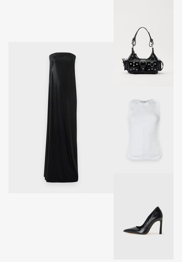 Top branco sem mangas feito de algodão canelado, apresentando um design ajustado, decote arredondado e costura visível nas laterais.; Vestido maxi preto sem alças feito de um tecido liso e brilhante. Possui um corpete ajustado e uma silhueta fluida, alcançando o chão sem adornos.; Sapato de salto alto de bico fino preto com textura de pele de crocodilo, apresentando um design elegante, salto agulha alto e interior preto suave.; Bolsa de couro preta com um design curvado, apresentando tachas prateadas, uma fivela e dois bolsos laterais. Alça ajustável para opções de transporte.