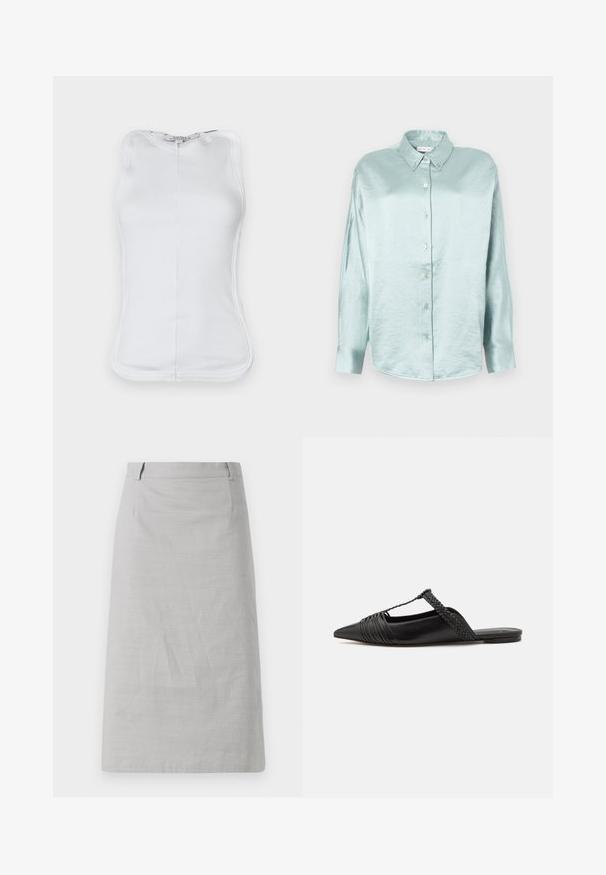 Bílé tílko bez rukávů vyrobené z ribrové bavlny, s těsným střihem, zaobleným výstřihem a viditelným švem po stranách.; Svetle modrá košile s knoflíky, vyrobená z lesklého, jemného materiálu; má límec, dlouhé rukávy a zakulacený lem s uvolněným střihem.; Šedá tužková sukně s hladkým povrchem, přiléhavým střihém a plochým pasem, s bočními švy a bez viditelných vzorů či akcentů.; Černé kožené slingback boty se špičatou špičkou, s tkaným akcentem a plisovaným designem svršku. Plochá podešev s minimálním kovovým zapínáním.