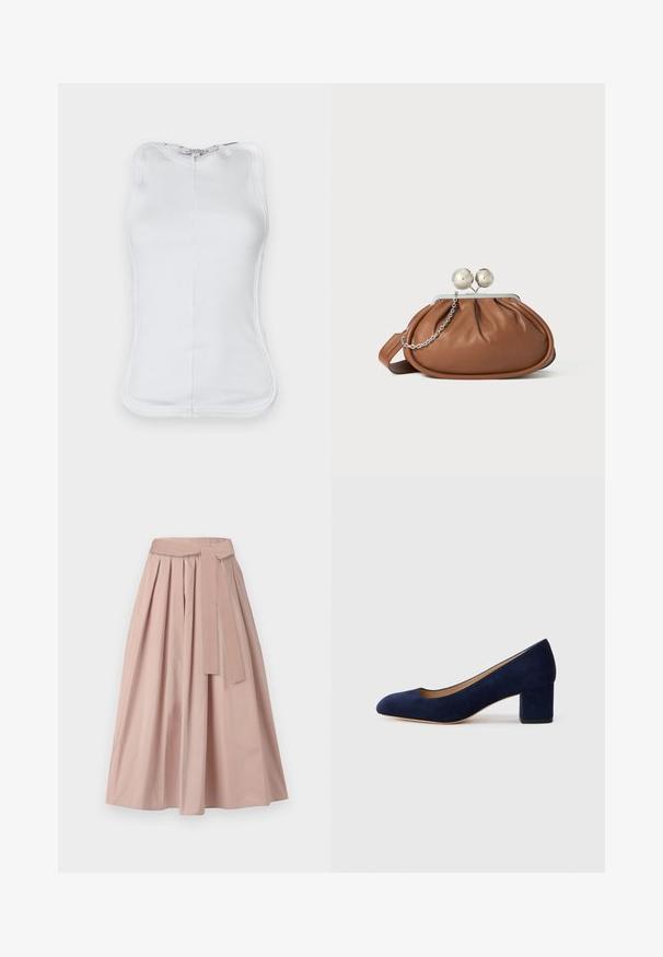 Top branco sem mangas feito de algodão canelado, apresentando um design ajustado, decote arredondado e costura visível nas laterais.; Saia midi rosa feita de um tecido estruturado, com pregas, um cinto atado à cintura e uma silhueta em A. Textura suave sem padrões visíveis.; Salgados de camurça azul-marinho com bico fino e um salto quadrado de altura média. Textura suave com um ligeiro brilho e um pequeno corte na parte da frente.; Pasta de mão em couro castanho com fecho em bola prateada e um pequeno detalhe em corrente prateada sobre um fundo branco.
