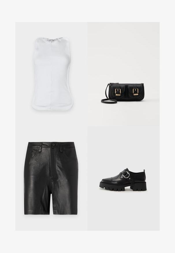 Balta be rankovių palaidinė, pagaminta išelesa medvilnės medžiagos, pasižyminti prigludusia forma, apvaliu iškirpimu ir matomu siuvimu šonuose.; Juodi odiniai šortai su lygiu paviršiumi, su priekiu užtraukiama užtrauktuku, mygtuko uždarymu ir klasikiniu penkių kišenių dizainu.; Juodos odinės bateliai su masyviu, grioveliuotu padu, su apvaliu sidabro detalės akcentu ir minimaliais siuvimo elementais.; Juodas odinis per petį nešiojamas krepšys su dviem priekiniais kišenėmis, auksiniais sagtimis, užtrauktuko uždarymu ir siauromis petnešomis. Textūruota paviršius ir kompaktiškas stačiakampis formatas.