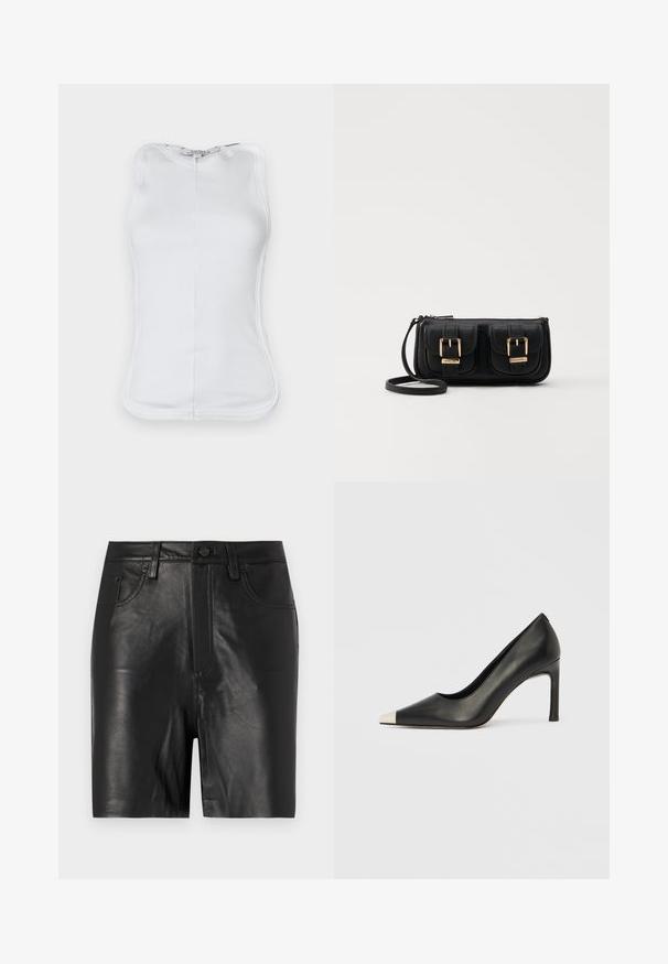 Witte mouwloze top van rib katoen, met een aansluitend ontwerp, afgeronde halslijn en zichtbare stiksels langs de zijkanten.; Zwarte leren shorts met een gladde textuur, voorzien van een ritssluiting aan de voorkant, een knoopsluiting en een klassieke vijf-pocket ontwerp.; Zwarte leren hoge hak met een spits toelopende neus en een metalen zilverkleurige kap. Heeft een gladde afwerking en een slanke hak van 10 cm.; Zwarte leren schoudertas met twee vo pockets, gouden gespen, ritsluiting en een smalle band. Tekstuur oppervlak en compacte rechthoekige vorm.