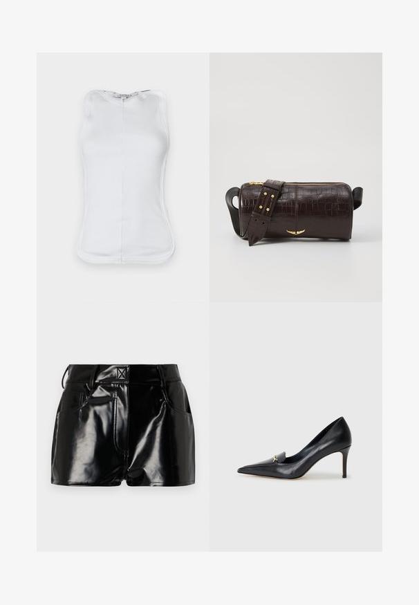 Biely bezrukávový top vyrobený z rebrovanej bavlny, s priliehavým strihom, zaobleným výstrihom a viditeľným švom po stranách.; Čierne lesklé šortky vyrobené z syntetického materiálu. Majú priliehavý pás, pútka na opasok a predné vrecká s výraznými švovými detailmi.; Čierne kožené lodičky s špicatou špičkou, nízkym vampom a dekoratívnym zlatým akcentom. Majú podpätok typu stiletto a hladký povrch.; Hnedá taška z kože s embosovaným vzorom krokodíla, cylindrického tvaru, so zlatými hardvérovými doplnkami a odnímateľným popruhom so štítkami.