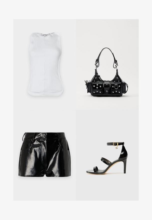 Bijela majica bez rukava od rebrastog pamuka, s pripijenim krojem, okruglim izrezom i vidljivim šavovima duž stranica.; Crne, sjajne kratke hlače napravljene od sintetičkog materijala. Imaju uski pojas, petljice za pojas i prednje džepove sa istaknutim detaljima šivanja.; Crne lakirane kožne sandale s tri trake, kopčom na zapešću i potpeticom od 10 cm. Sadrže zlatne detalje i privjesak s logotipom.; Crna kožna torba s zakrivljenim dizajnom, koja sadrži srebrne zakovice, kopču i dva bočna džepa. Podesiva traka za različite opcije nošenja.