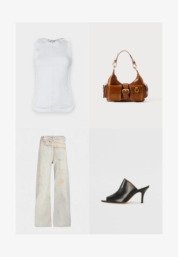 Top bianco senza maniche realizzato in cotone a costine, con un design aderente, scollatura rotonda e cuciture visibili lungo i fianchi.; MM6 Maison Margiela PANTS POCKETS - Jeans a sigaretta - light blue; Mule aperto in pelle nera con un design elegante e curvo, tacco a stiletto alto e superficie liscia. L'interno presenta un colore chiaro a contrasto.; Borsa a tracolla in pelle marrone con forma curvata, hardware in tonalità oro duale, due tasche frontali e una cinghia larga. Texture liscia con una finitura elegante.